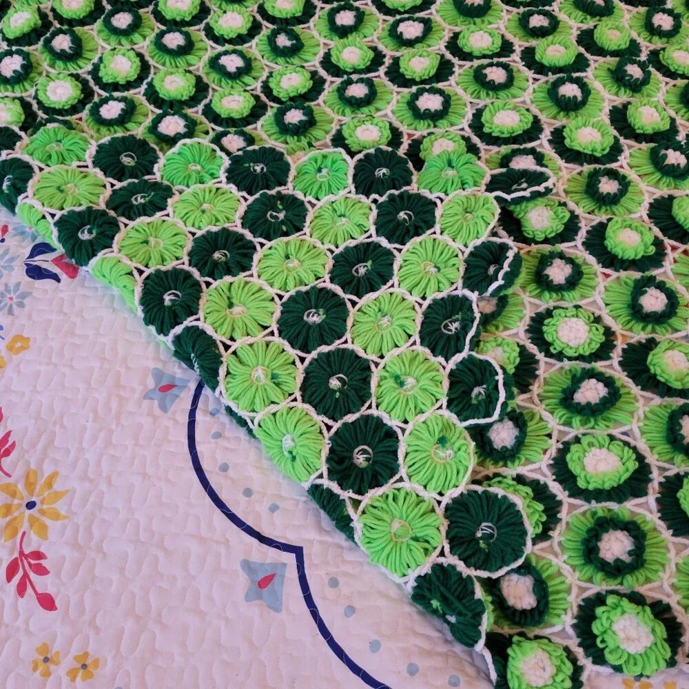 Vintage Green Crochet Floral Afghan Vintage Coverlet Bedspread Blanket‎ 3D 88x67